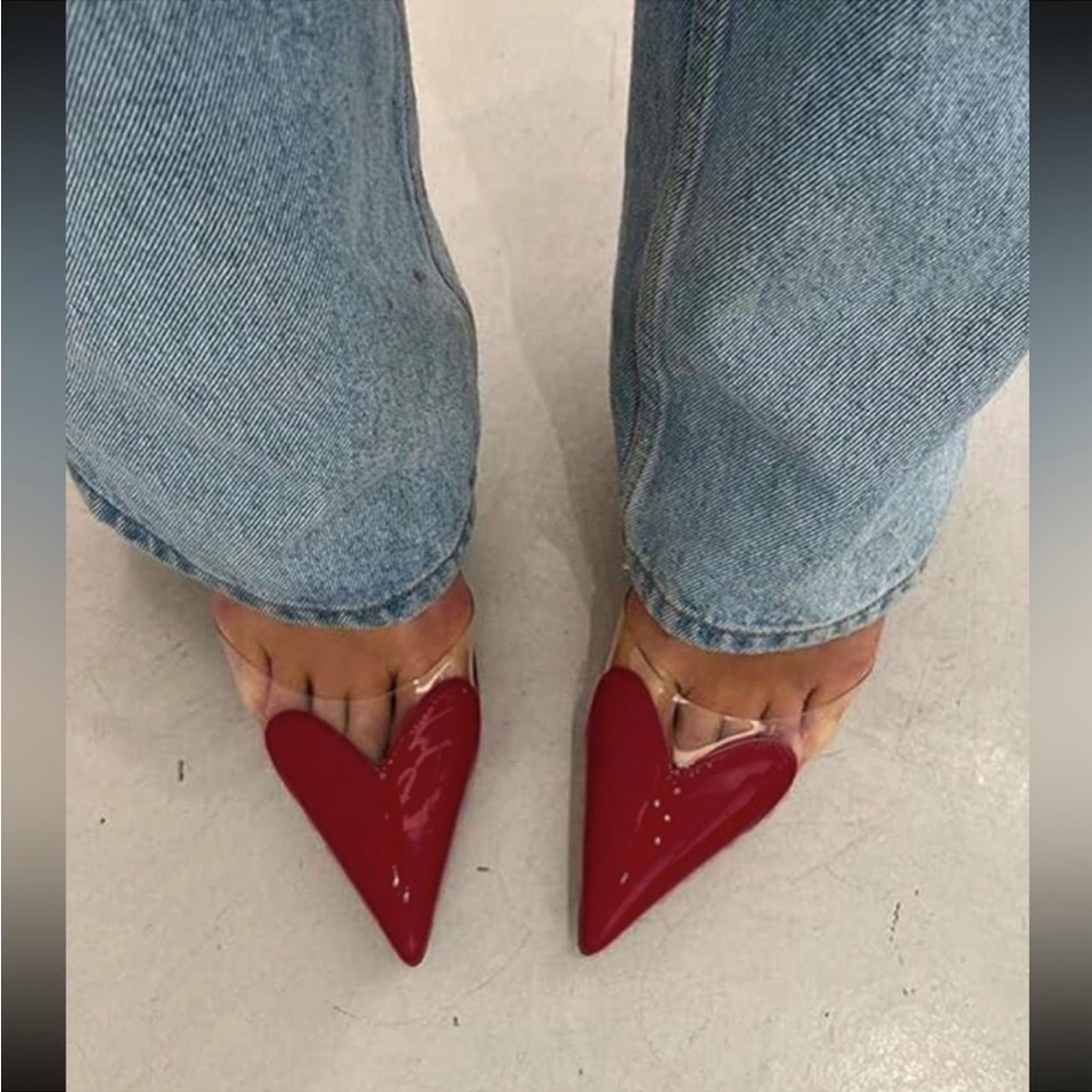 Burgundy patent pvc clear see through panel heart shaped tip toe slingback heels